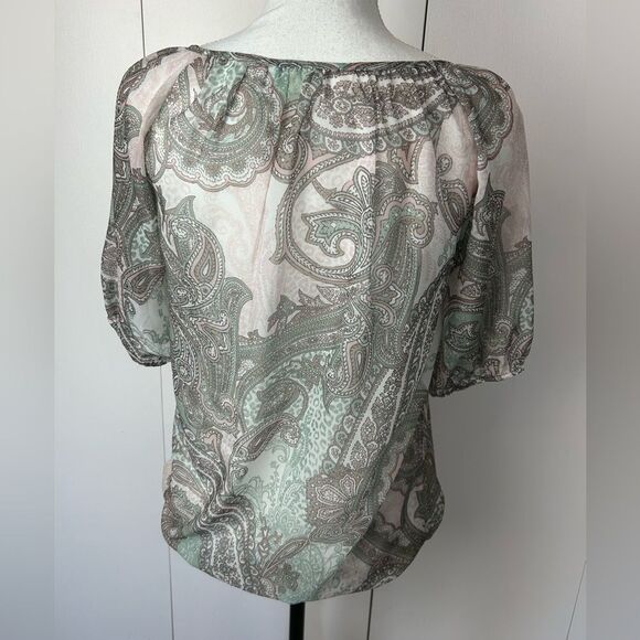 Chico's Boho Paisley Blouse Size 0 Sheer Chiffon Short Sleeve Top Green Brown - Picture 4 of 6